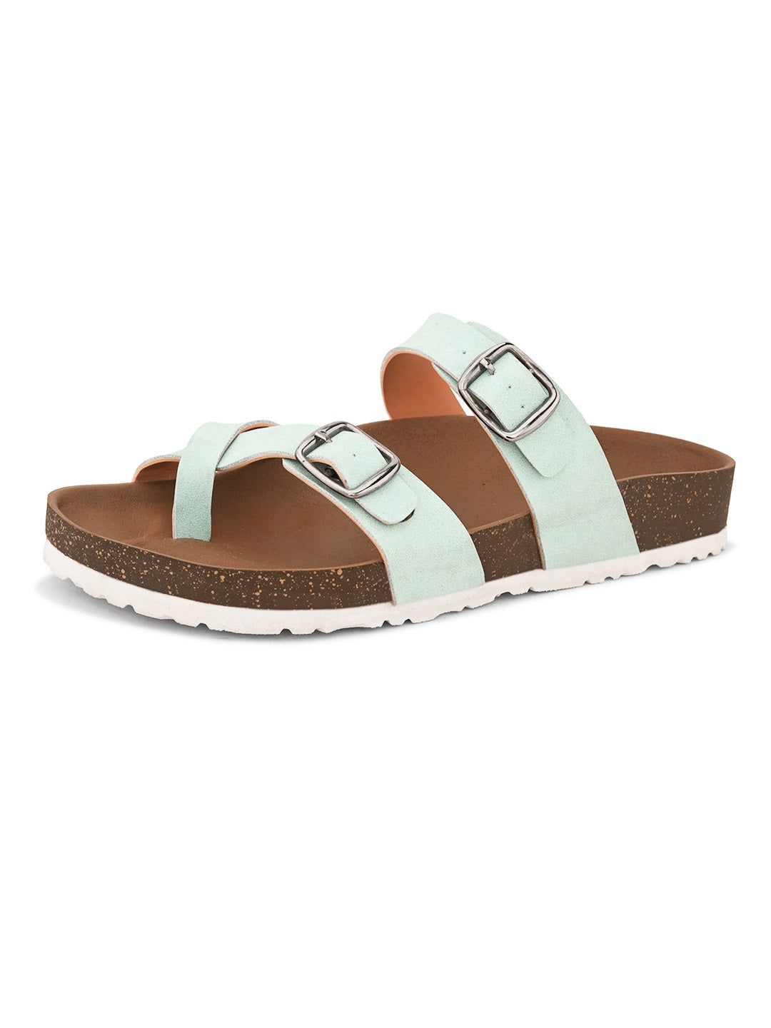 Blue cork-sole sandal with two adjustable straps featuring silver buckles and a casual slip-on design.
