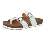 Blue cork-sole sandal with two adjustable straps featuring silver buckles and a casual slip-on design.