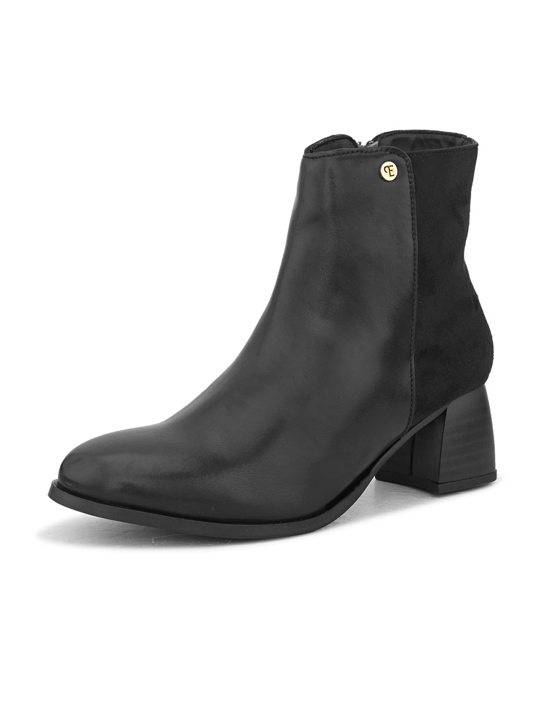Black ankle boot with a smooth leather front, suede back, block heel, pointed toe with a zip