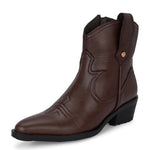 Brown ankle boots with intricate decorative stitching, featuring a slip-on design.