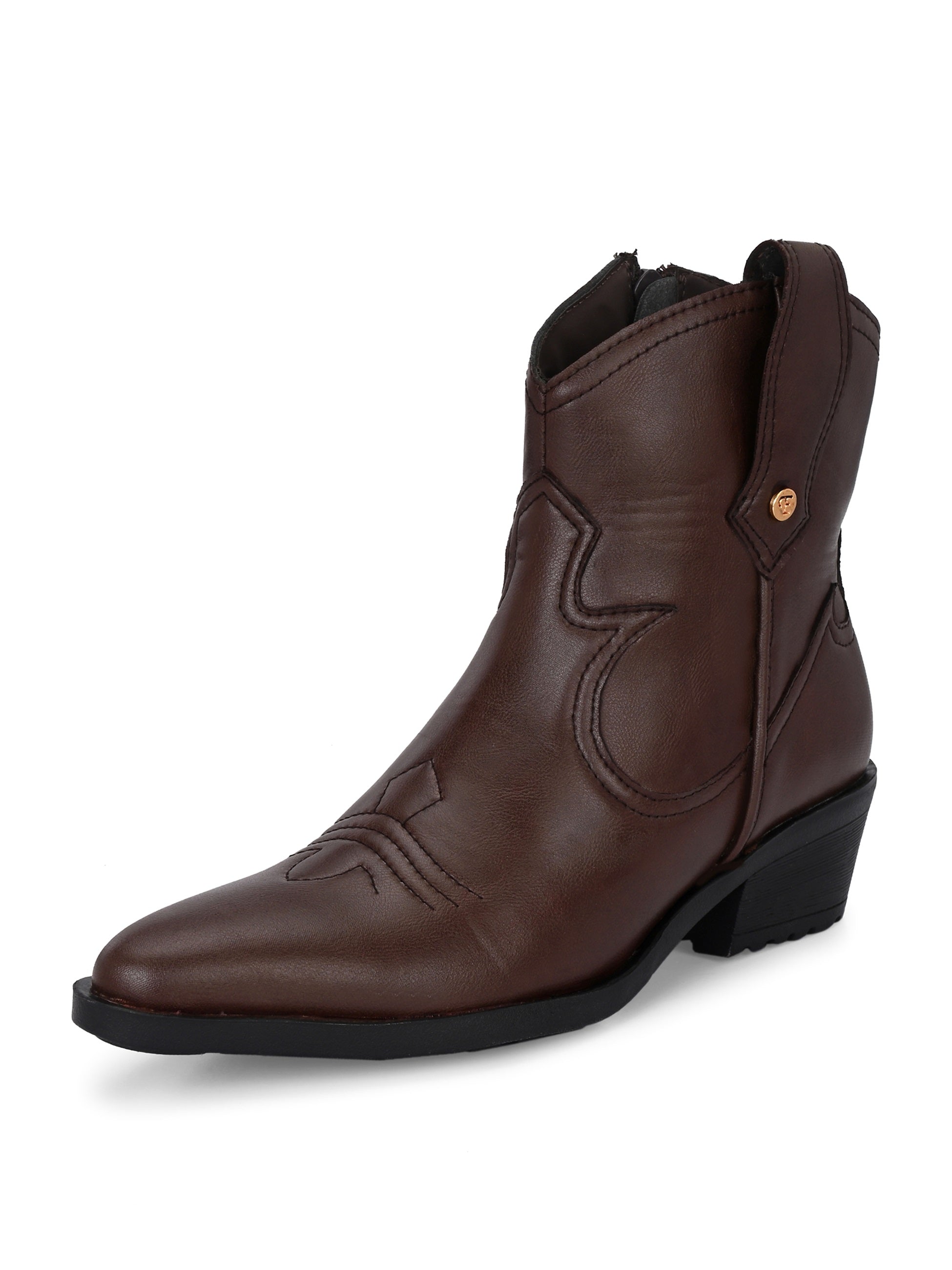 Brown ankle boots with intricate decorative stitching, featuring a slip-on design.