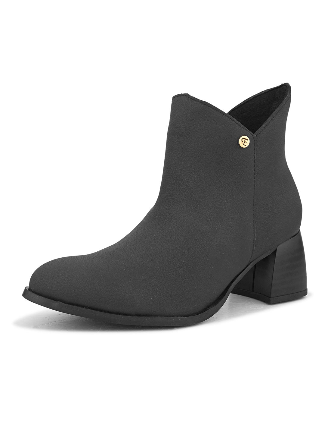 Black ankle boots with a block heel and a sleek gold accent.