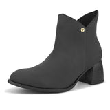 Black ankle boots with a block heel and a sleek gold accent.