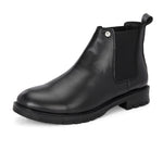 Classic Chelsea boots with elastic side panels, a pull-tab at the heel, rounded toe, and a small metallic brand logo near the ankle.