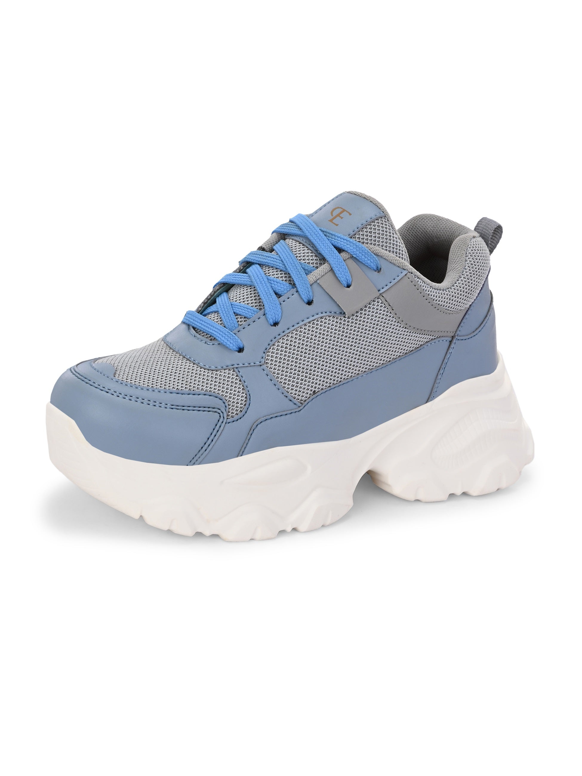 A chunky sneaker with a gray mesh upper, blue leather panels, blue laces, and a thick white sole.