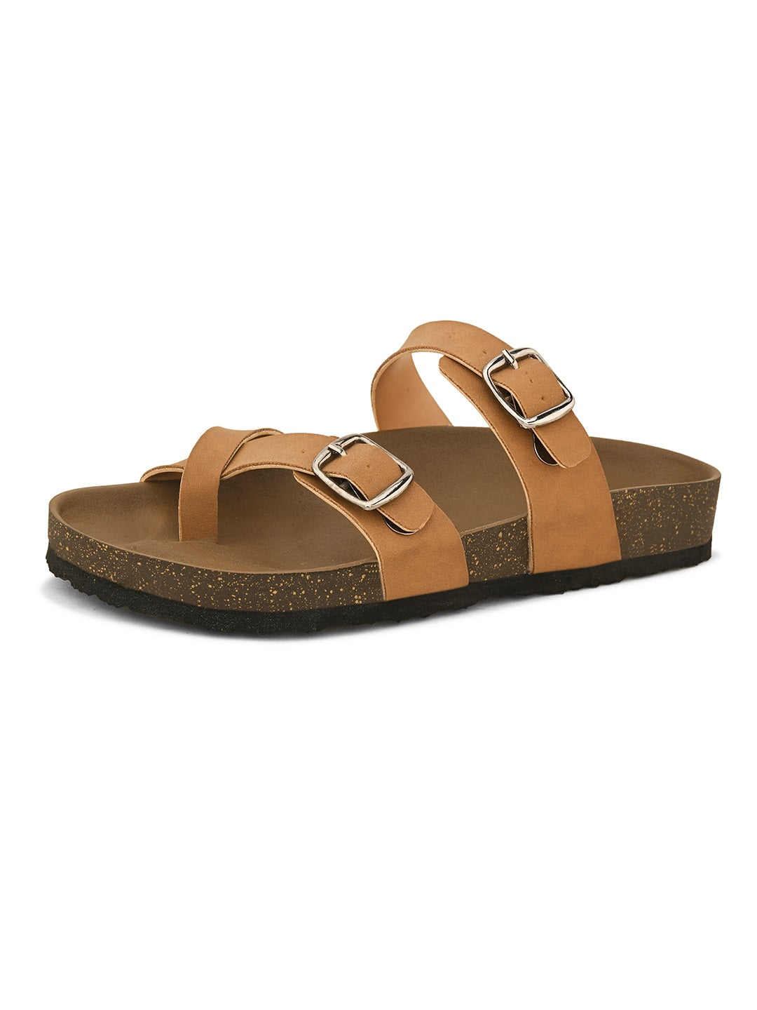 Brown cork-sole sandal with two adjustable straps featuring silver buckles and a casual slip-on design.