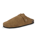 Brown suede slip-on clog with a black rubber sole and adjustable strap.