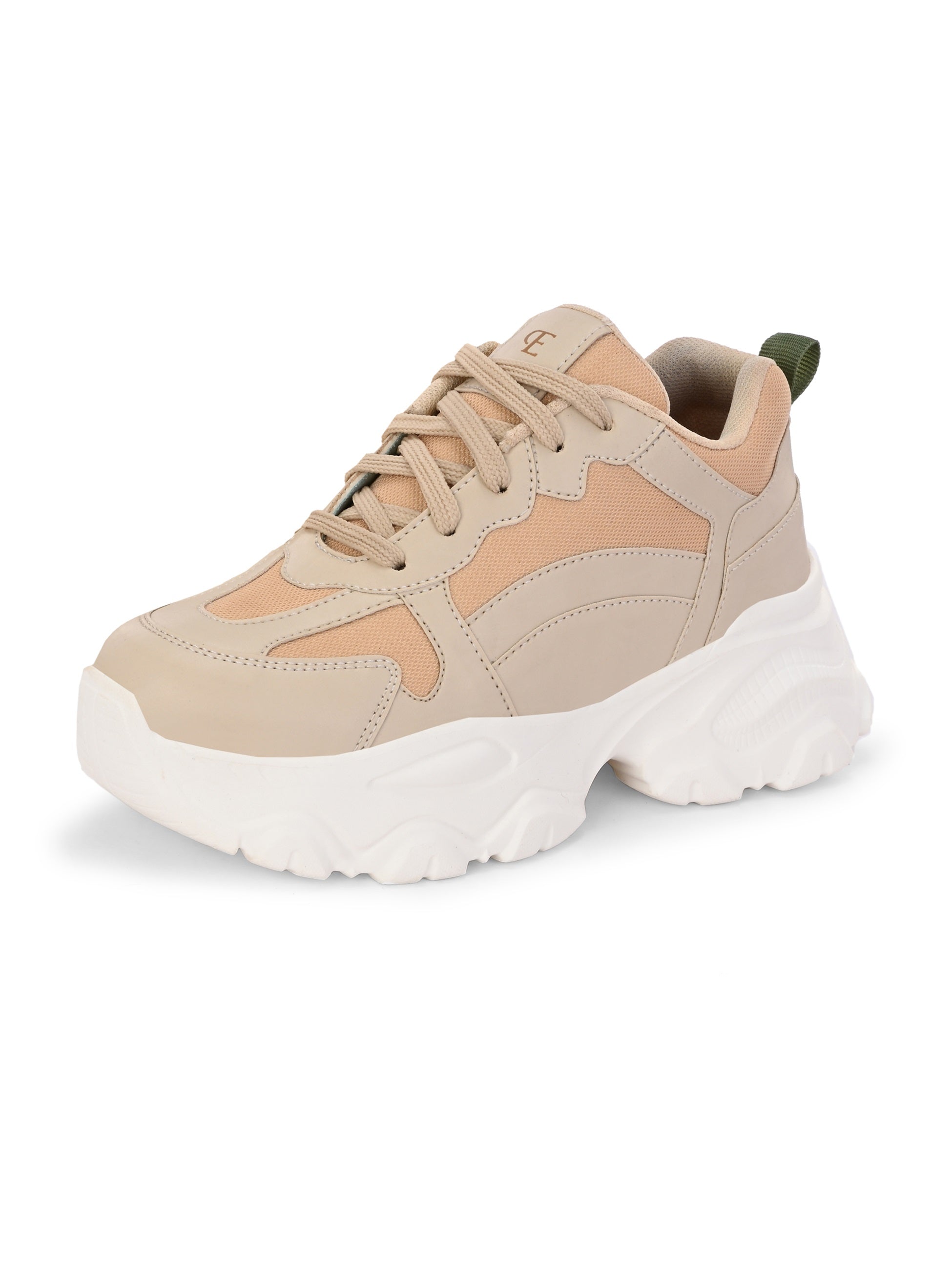 Beige chunky sneakers with a textured sole and mesh accents.