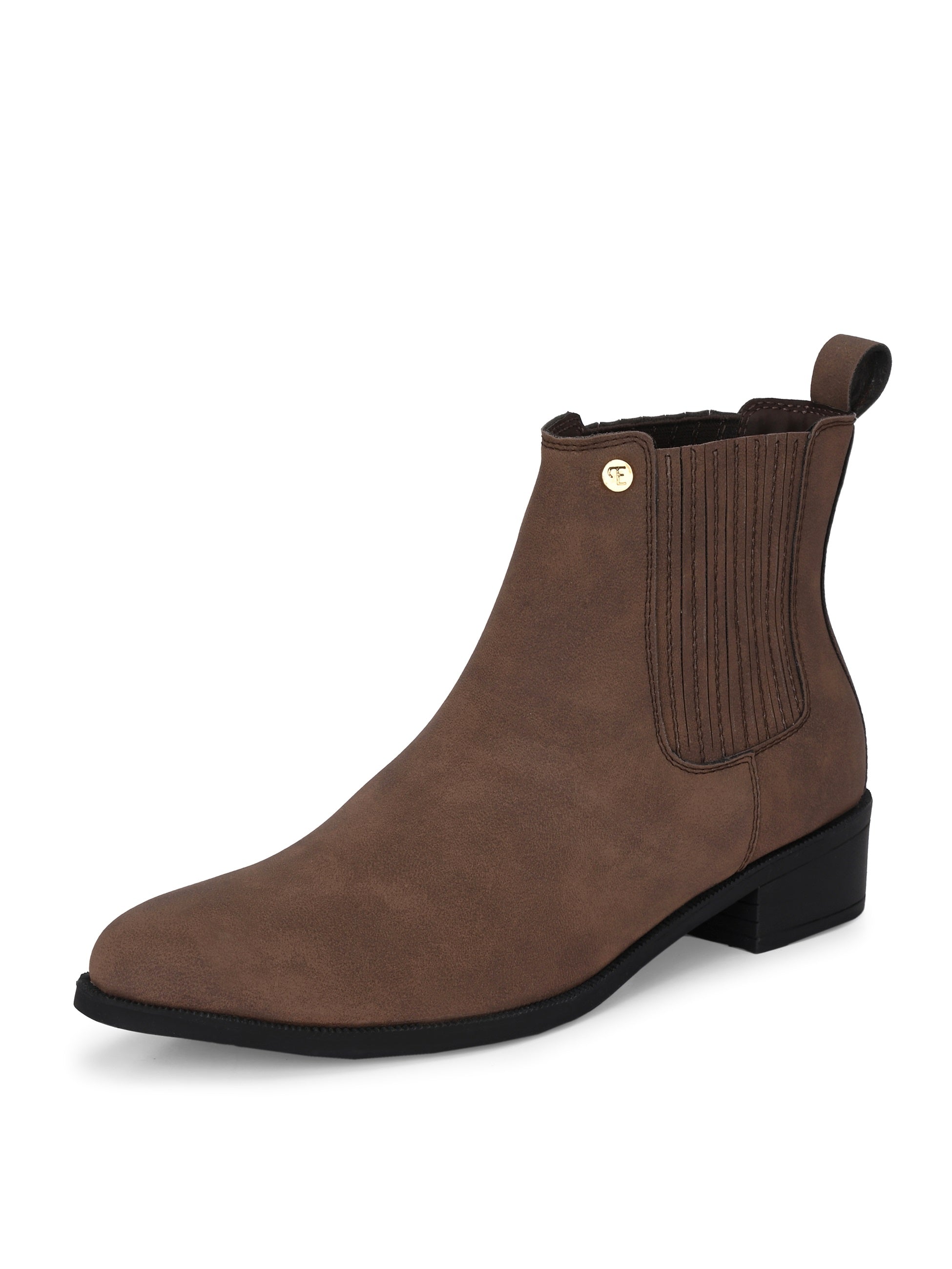 Brown suede slip-on boots with ribbed elastic panels, a pull-tab, and a low block heel for a stylish, comfortable fit.