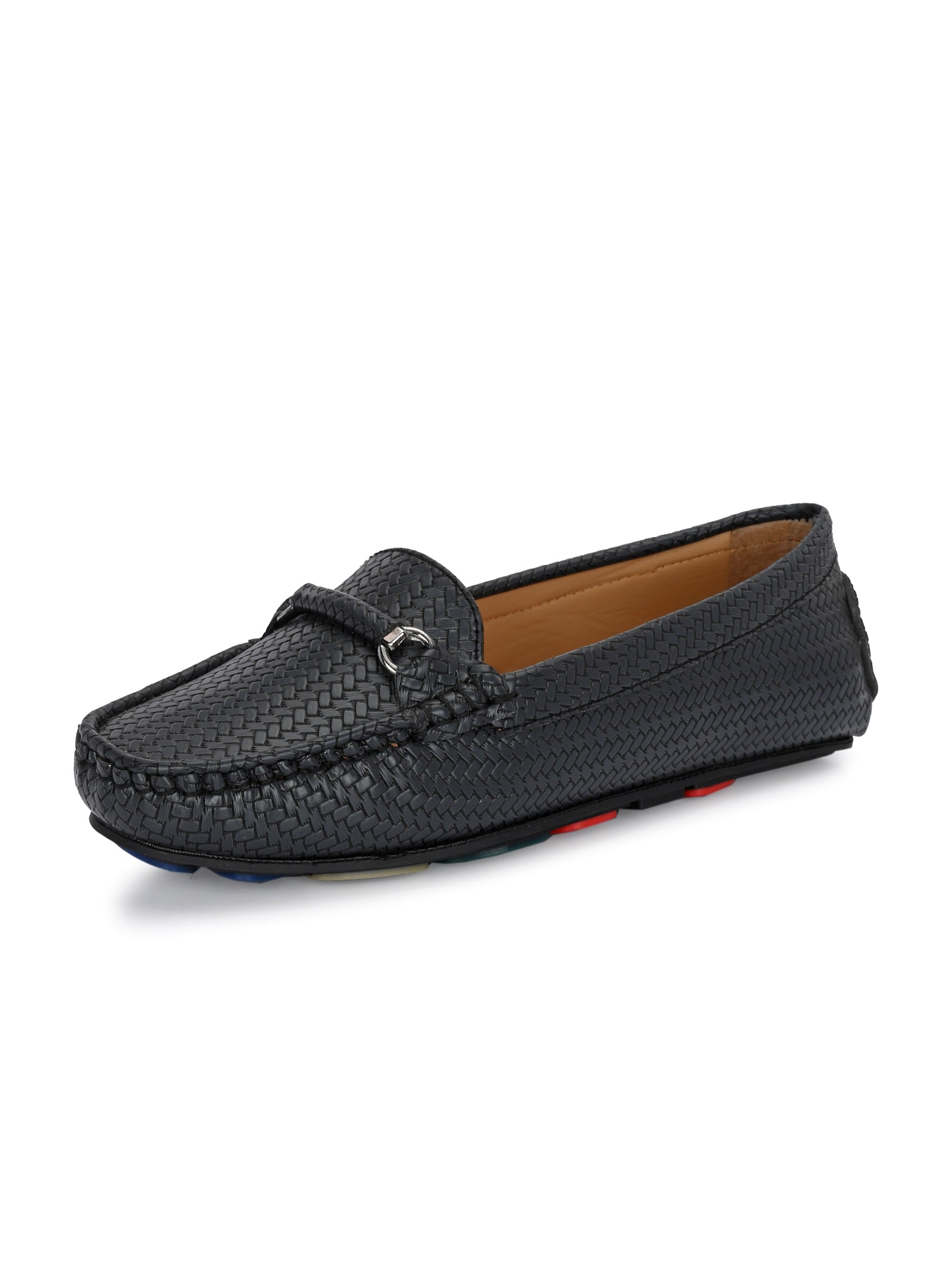 Black Textured Slip-On Loafers For Women
