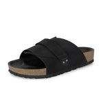 Black Men's casual flat heel strap sandal with slip-on closure