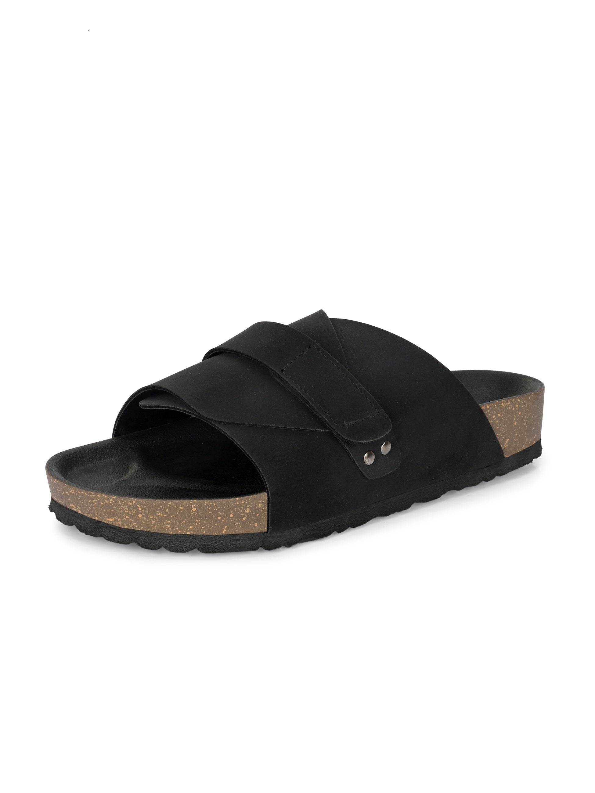 Black Men's casual flat heel strap sandal with slip-on closure