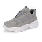 a grey and white sneaker with white heel and lace-up design