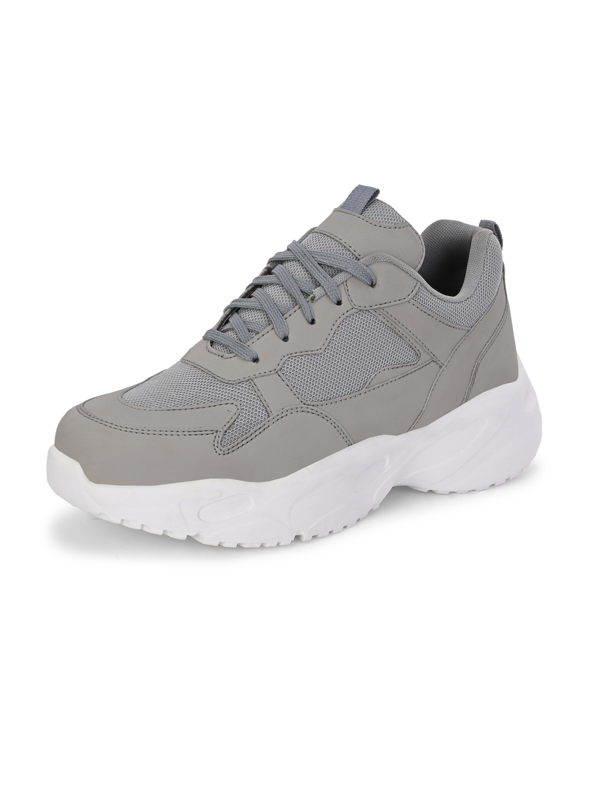 a grey and white sneaker with white heel and lace-up design