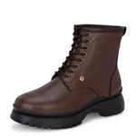 A sleek brown leather Chelsea lace-up boot with a side zipper, pull-tab at the back, and a low block heel.