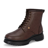 A sleek brown leather Chelsea lace-up boot with a side zipper, pull-tab at the back, and a low block heel.