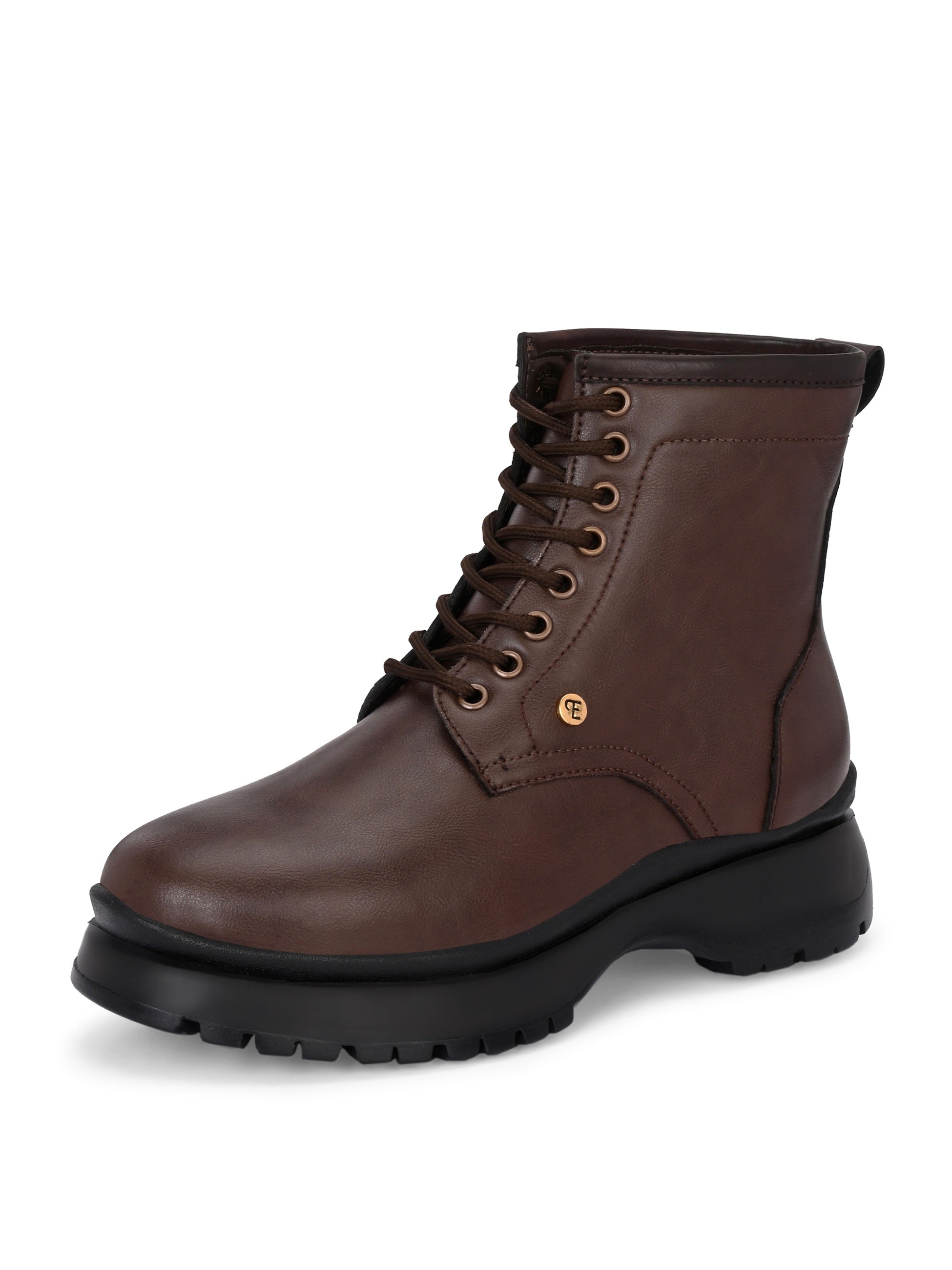 A sleek brown leather Chelsea lace-up boot with a side zipper, pull-tab at the back, and a low block heel.