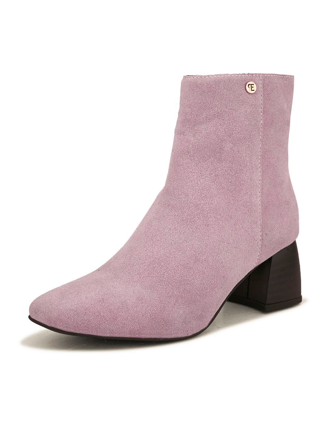 Light pink suede ankle boots with a sleek design and block heel.