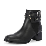 Black leather ankle boots with studded straps and a buckle design.