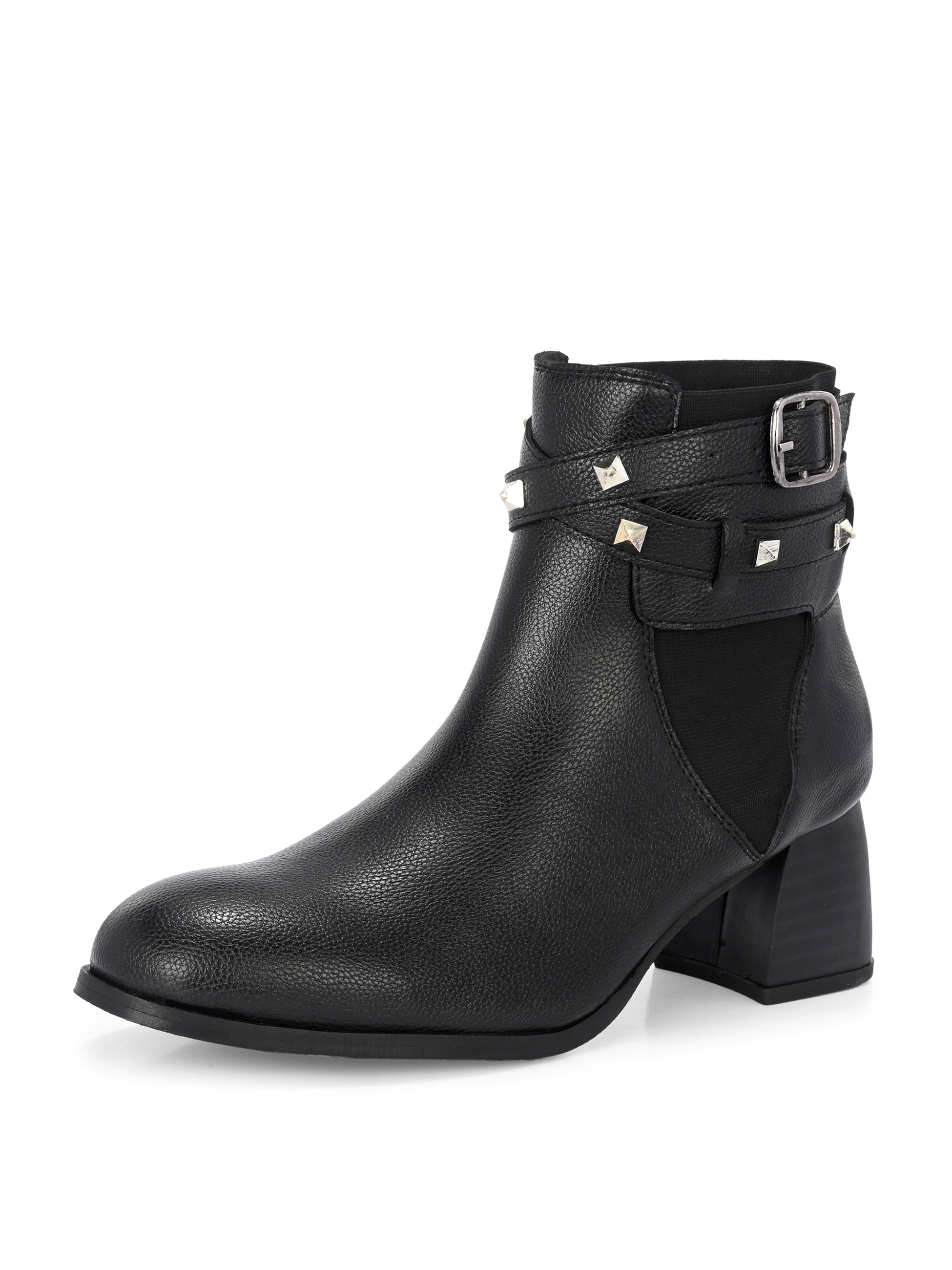 Black leather ankle boots with studded straps and a buckle design.
