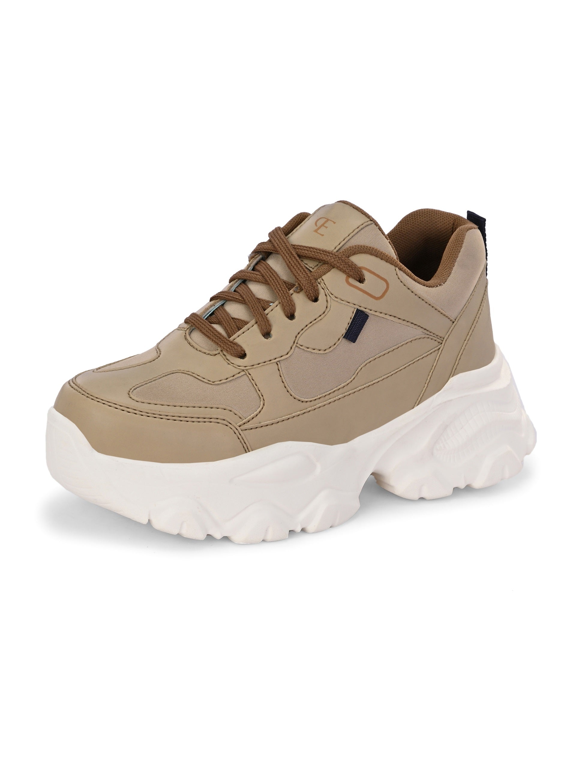 Beige sneaker with a textured white sole, brown laces, and modern detailing, designed for casual and stylish wear.