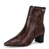 brown textured ankle boots with a sleek snakeskin pattern and a block heel design