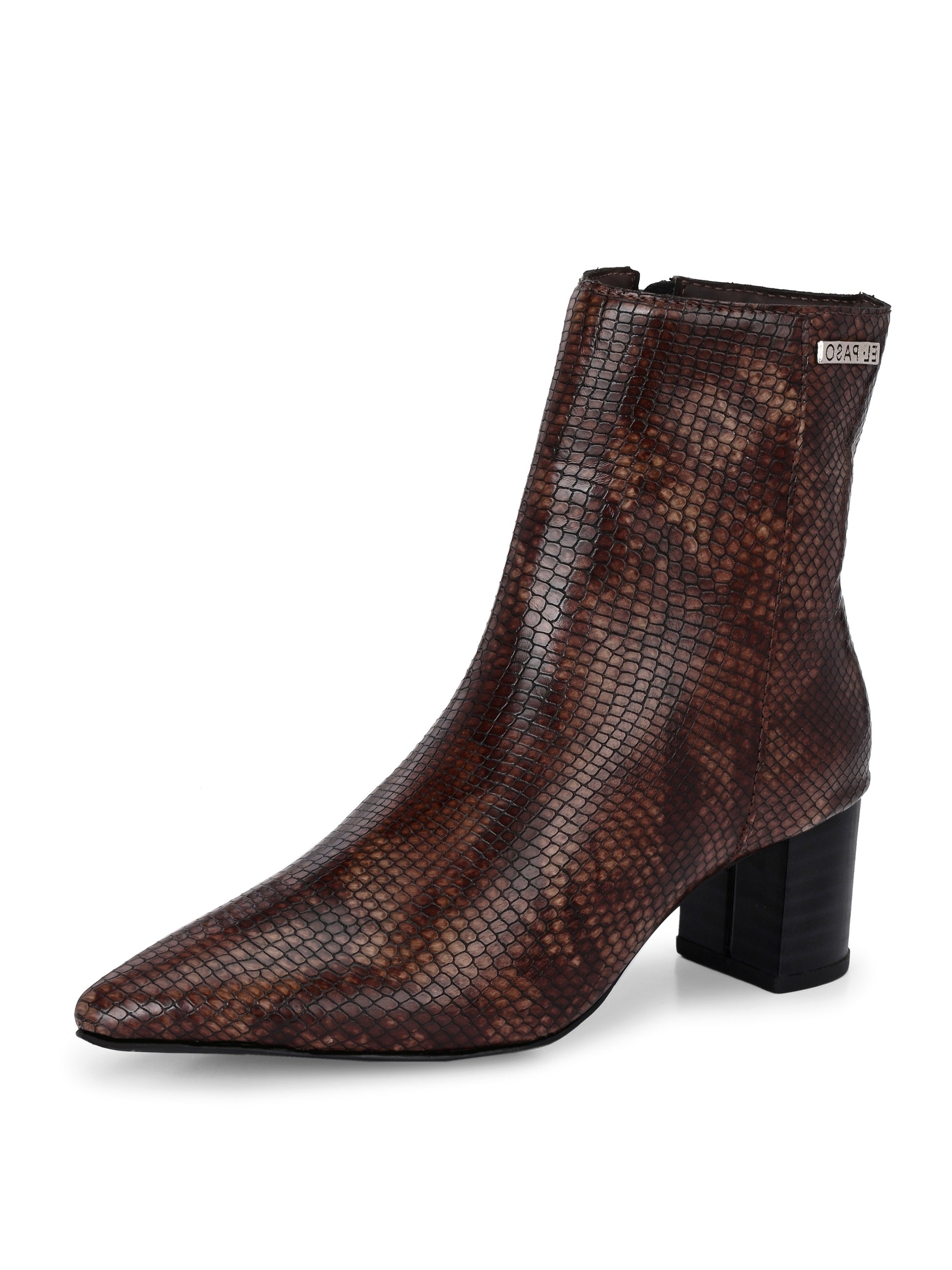 brown textured ankle boots with a sleek snakeskin pattern and a block heel design