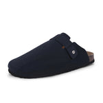Blue suede slip-on clog with a black rubber sole and adjustable strap.