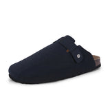 Blue suede slip-on clog with a black rubber sole and adjustable strap.