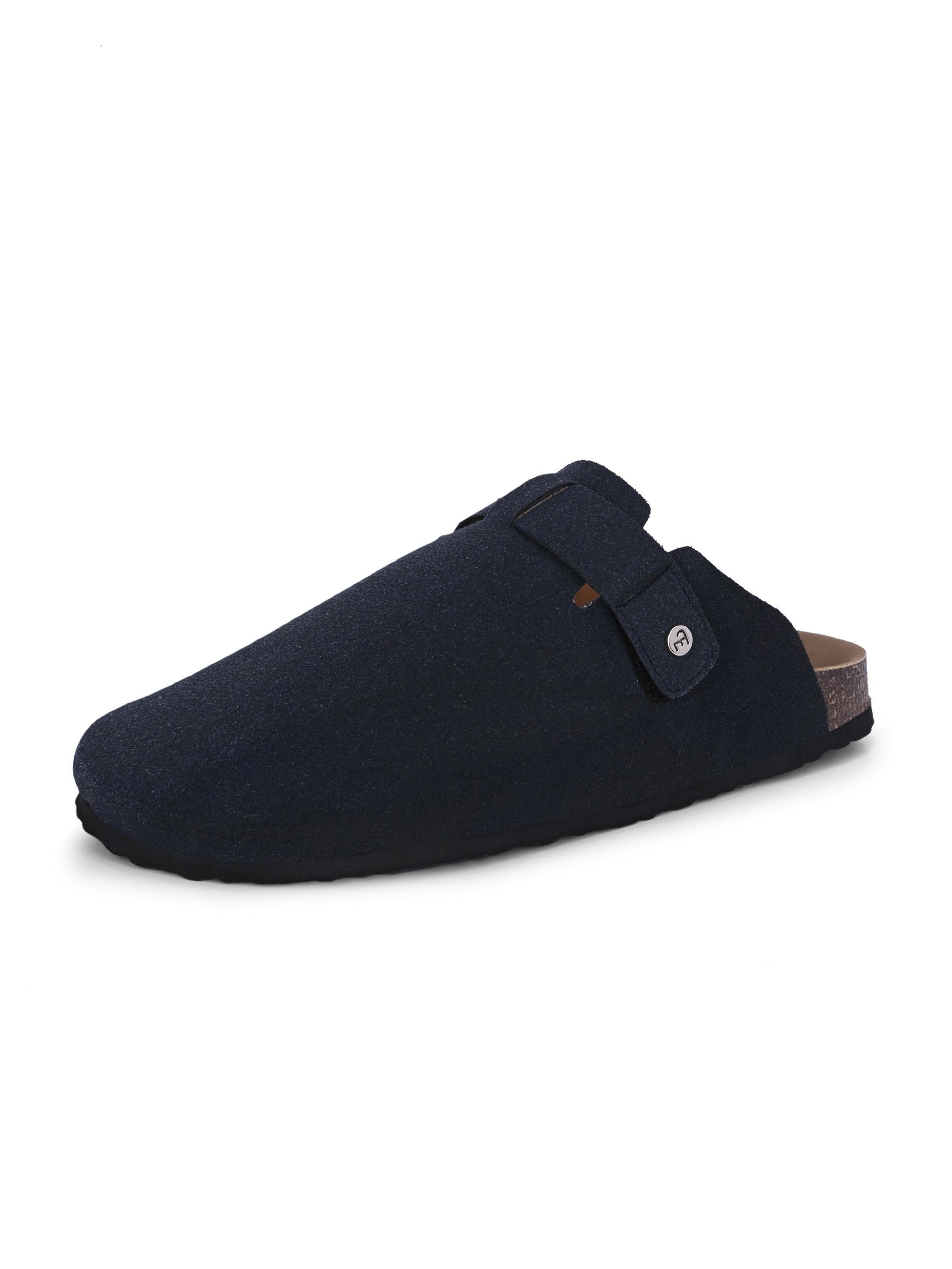 Blue suede slip-on clog with a black rubber sole and adjustable strap.