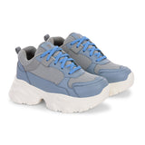 Women Casual Lace Up Sneaker with a gray mesh upper, blue leather panels, blue laces, and a thick white sole.