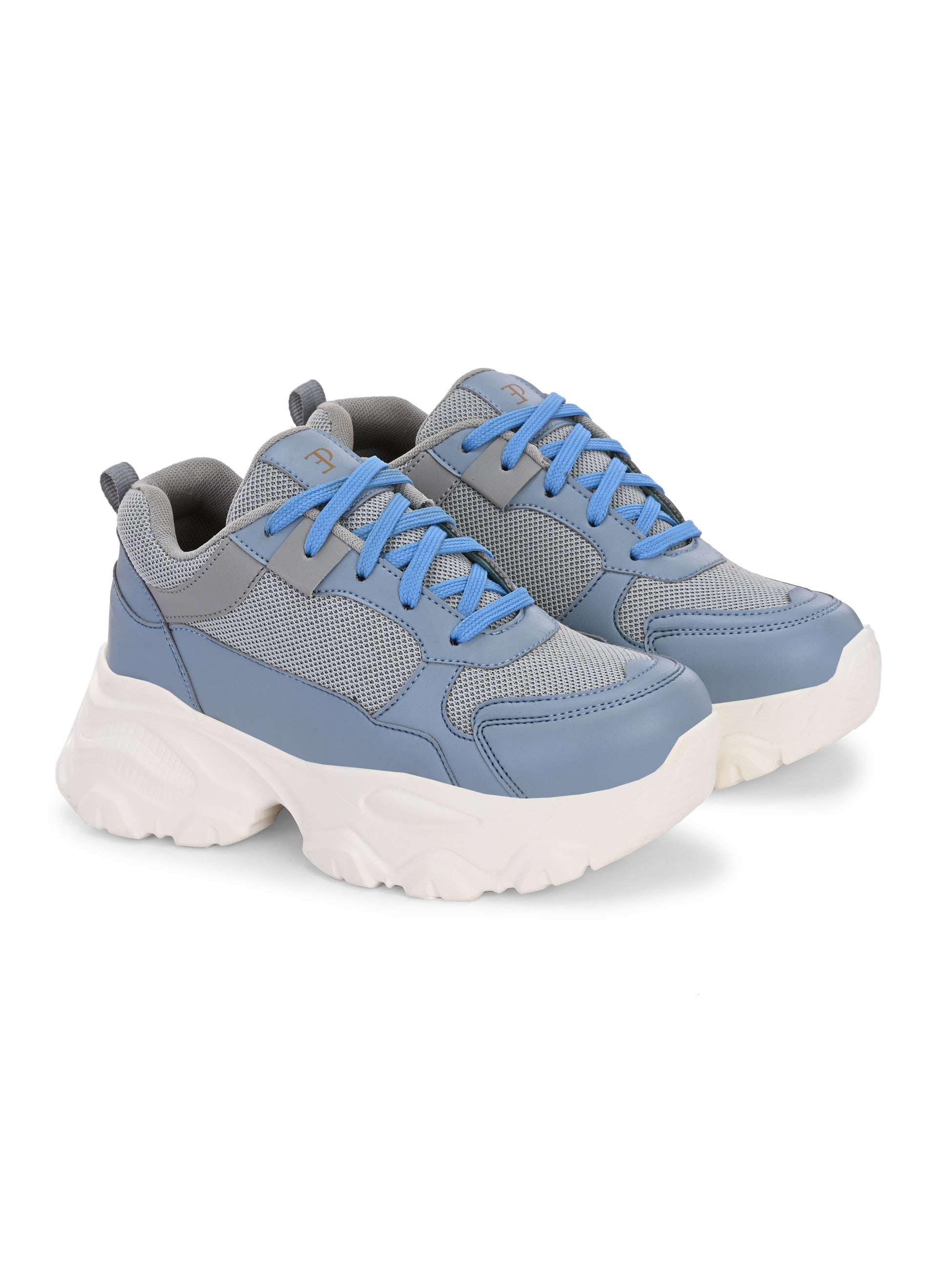 Women Casual Lace Up Sneaker with a gray mesh upper, blue leather panels, blue laces, and a thick white sole.