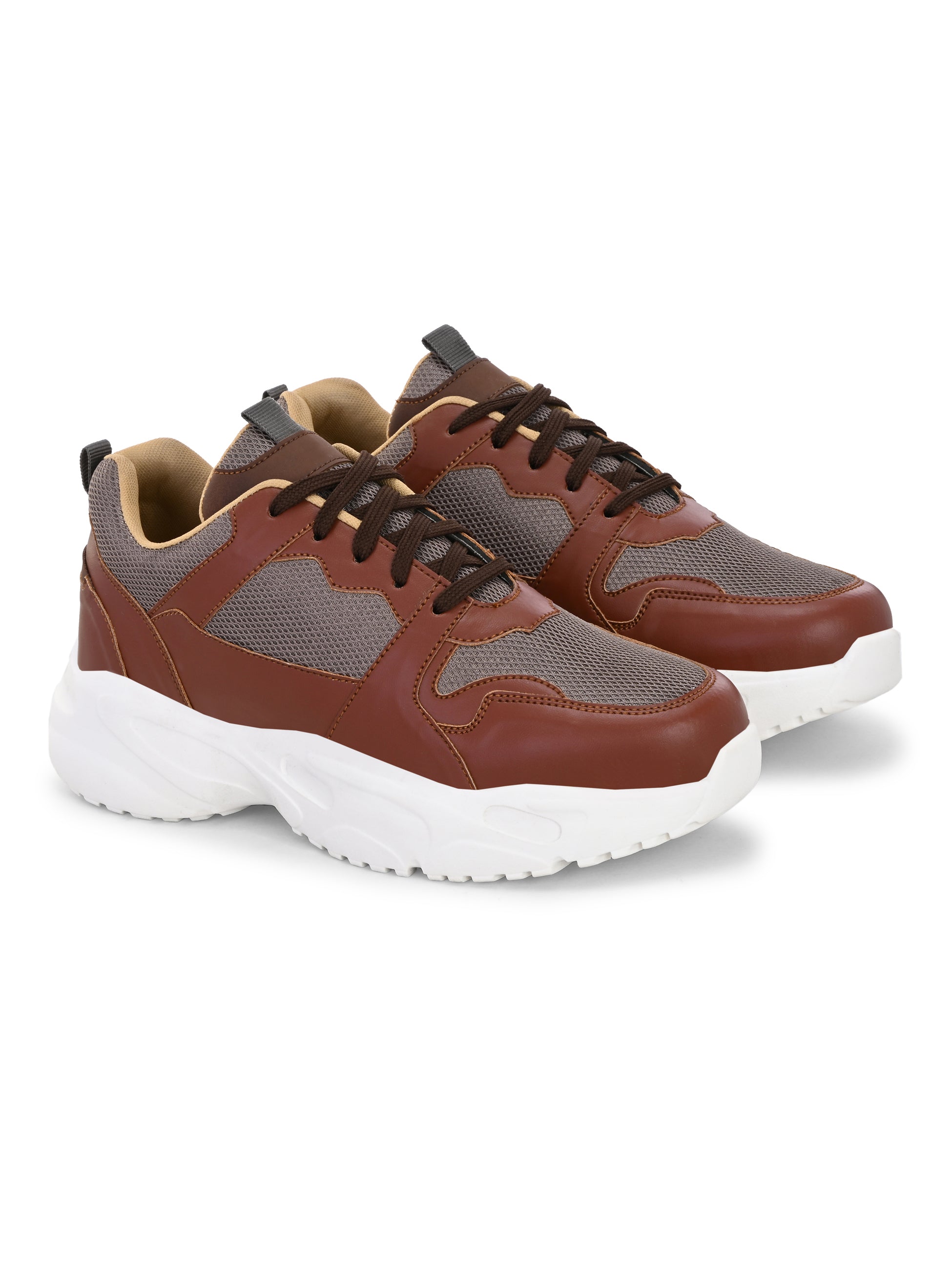 brown and grey mesh Men's casual sneakers with a chunky white sole, offering a stylish and comfortable look.