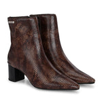brown textured ankle boots with a sleek snakeskin pattern and a block heel design