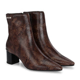 brown textured ankle boots with a sleek snakeskin pattern and a block heel design