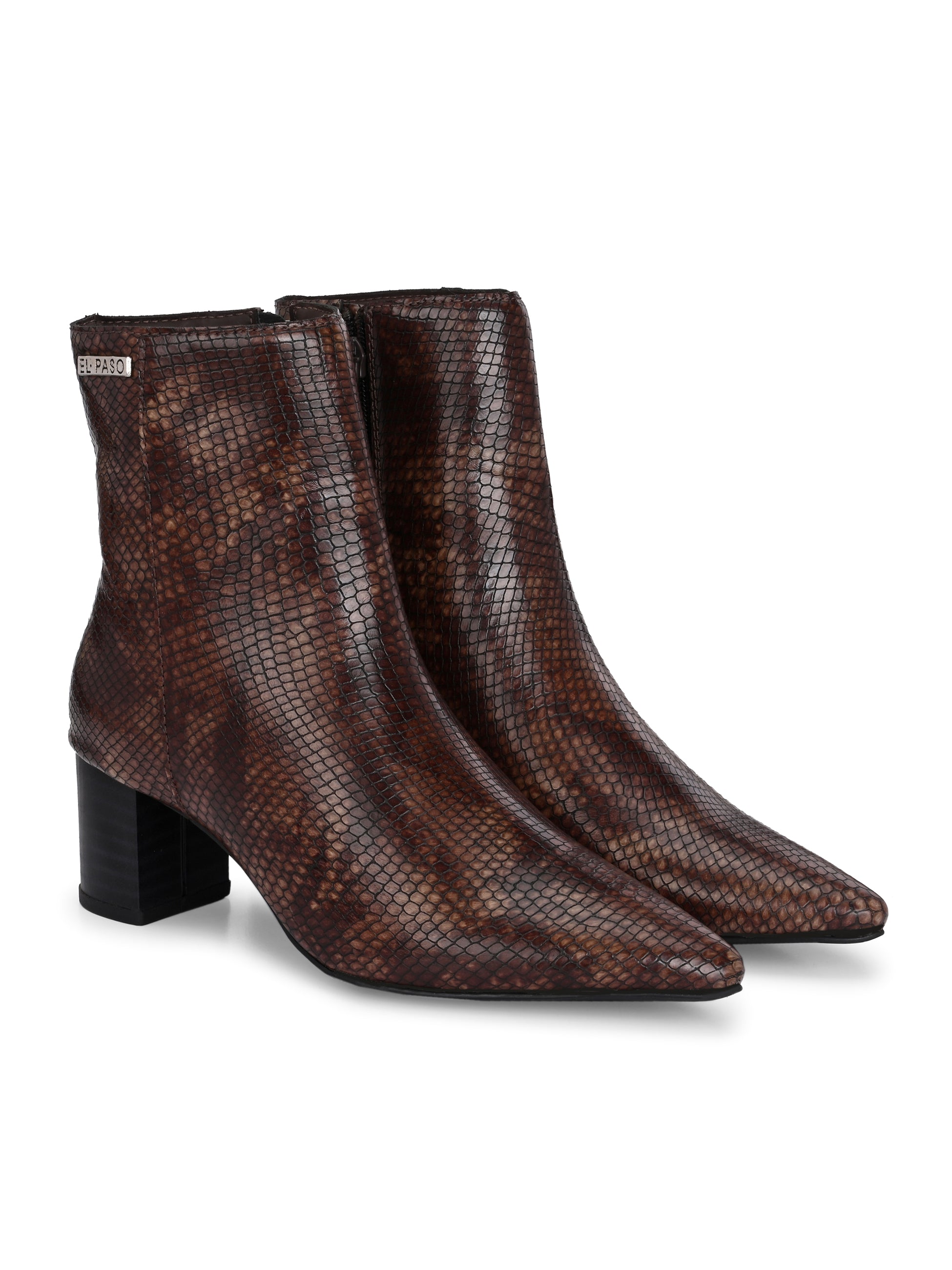brown textured ankle boots with a sleek snakeskin pattern and a block heel design