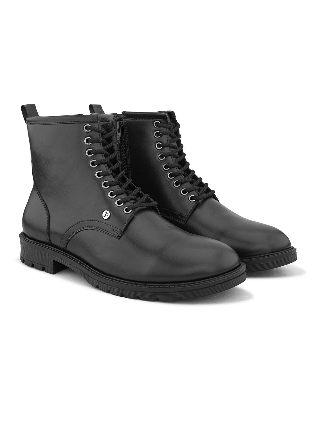 A Men's Ankle Length Block Heel boots with a side zipper, pull-tab at the back, and a low block heel.