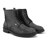 A Men's Ankle Length Block Heel boots with a side zipper, pull-tab at the back, and a low block heel.