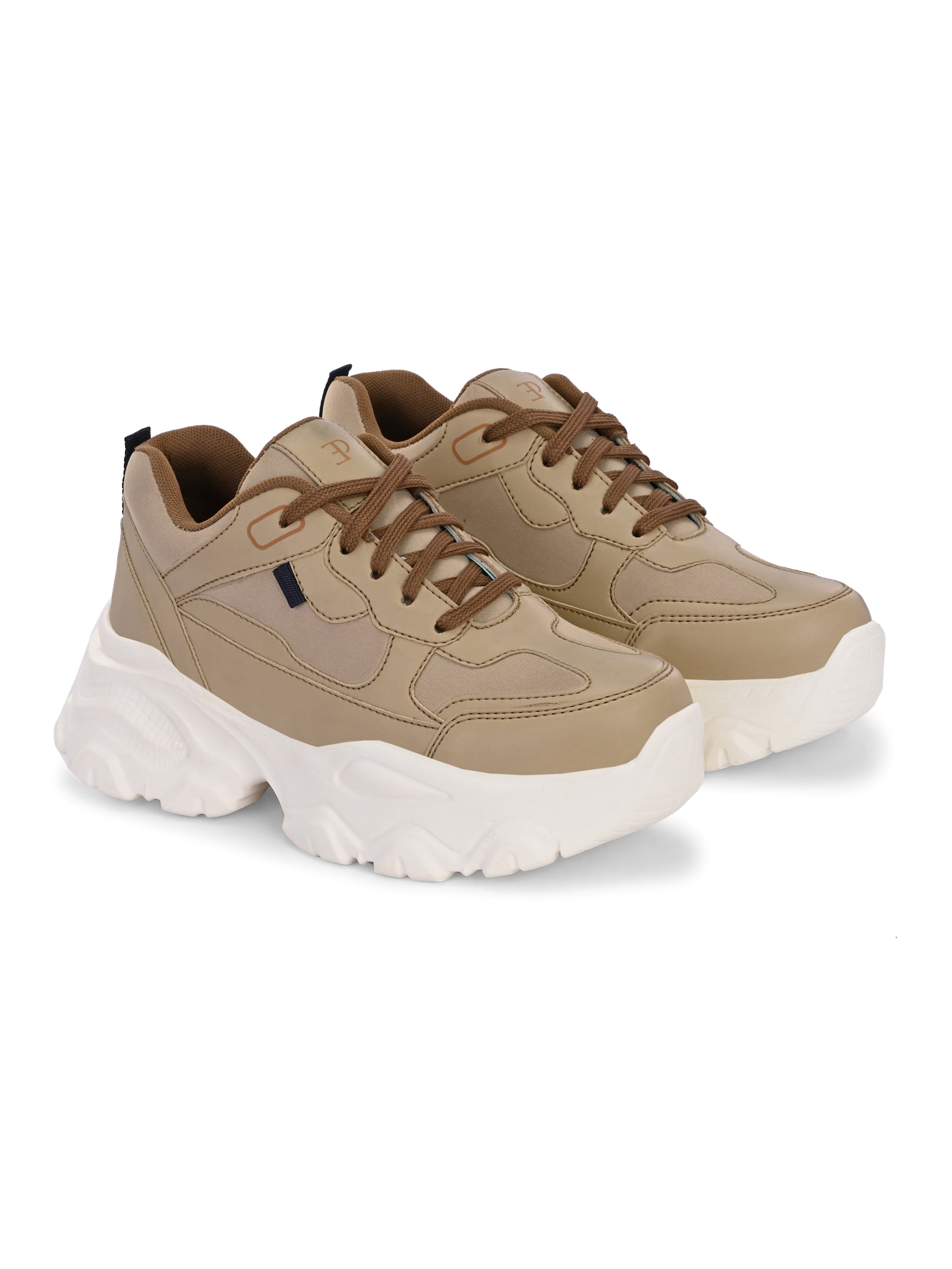 Beige chunky sneaker with a textured white sole, brown laces, and modern detailing, designed for casual and stylish wear.