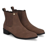 Brown suede Chelsea boots with ribbed elastic side panels, a pull-tab, and a low block heel for a stylish and comfortable fit