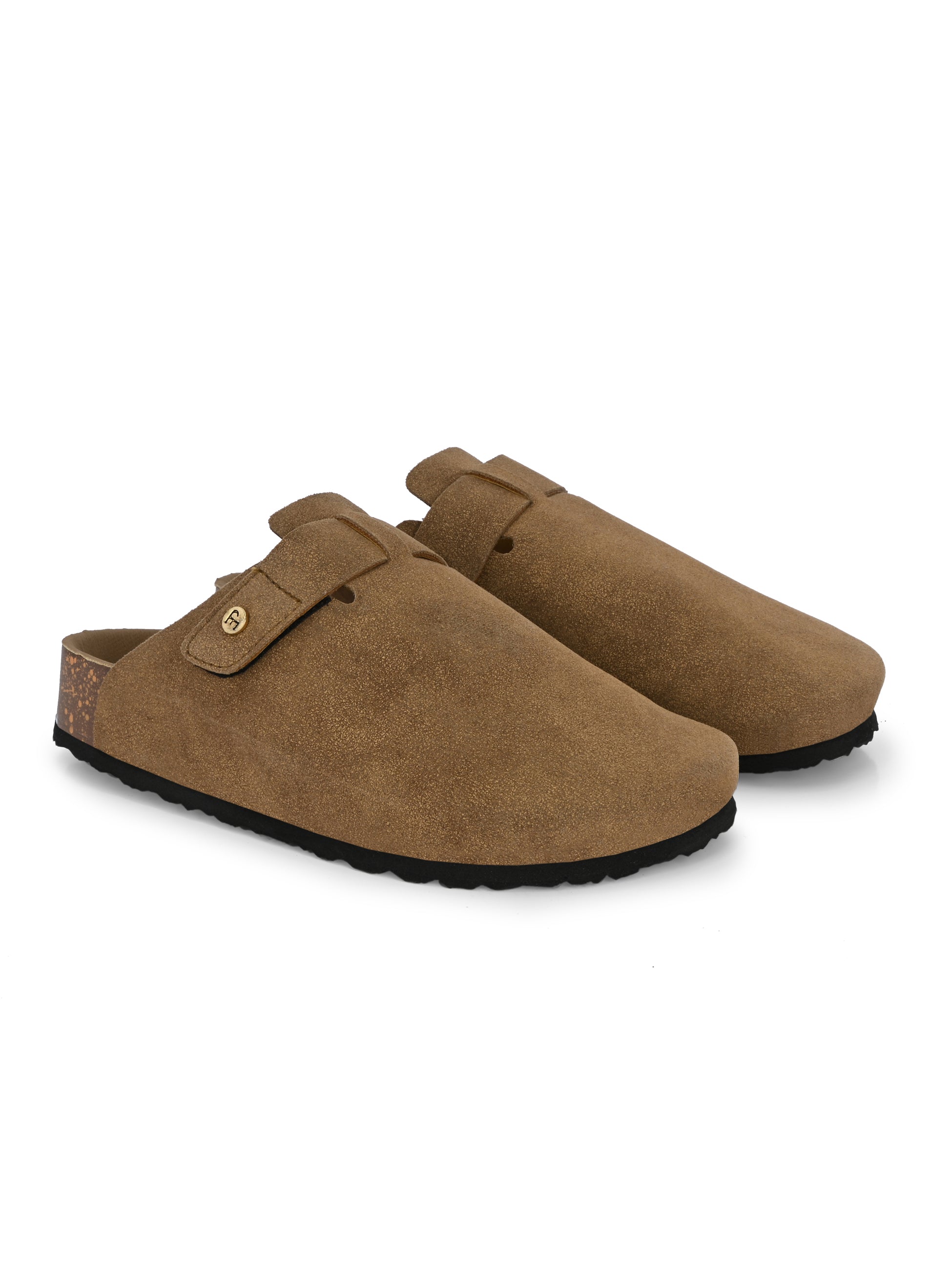 Beige suede slip-on clog with a black rubber sole, adjustable strap, and Boston Soft Footbed for enhanced comfort and support.