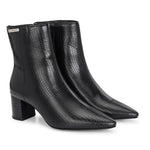 Black textured ankle boots with a sleek snakeskin pattern and a block heel design