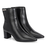Black textured ankle boots with a sleek snakeskin pattern and a block heel design