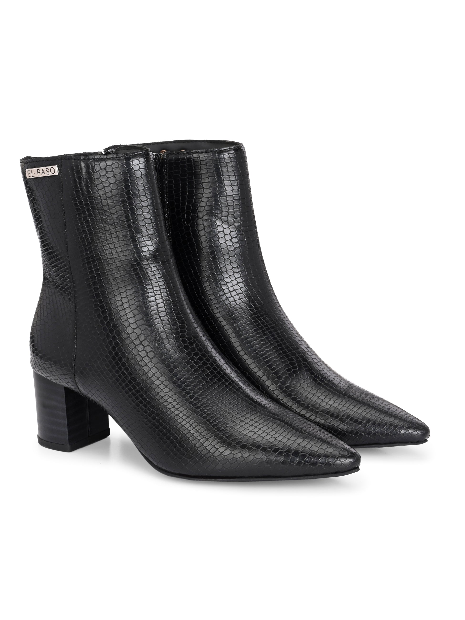Black textured ankle boots with a sleek snakeskin pattern and a block heel design