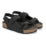 Black Men's casual flat heel buckle strap sandal with back strap closure
