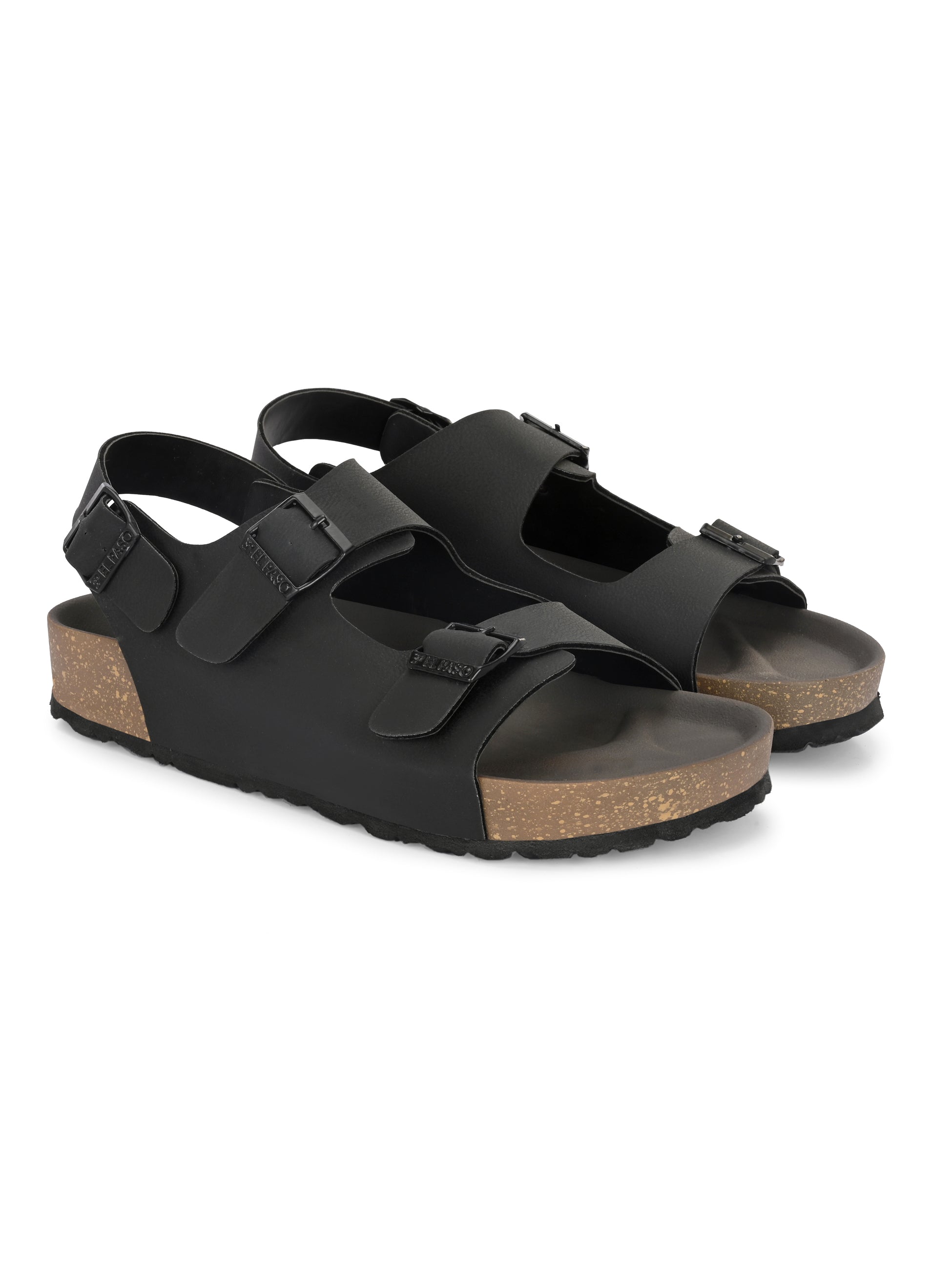 Black Men's casual flat heel buckle strap sandal with back strap closure
