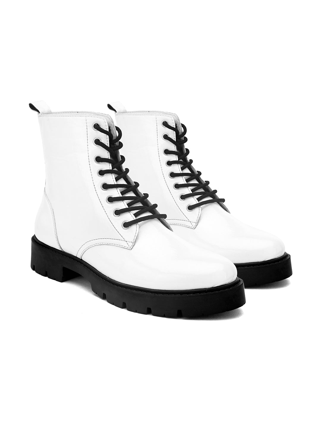 Shiny White Lace-Up Block Heel Boots