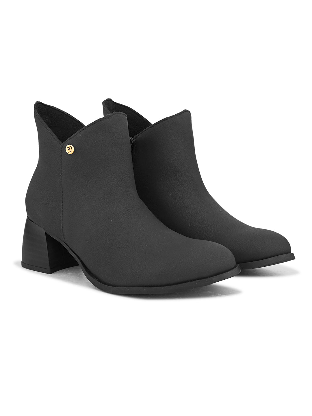 Black ankle boots for women with a block heel and a sleek gold accent, perfect for adding a touch of elegance to any outfit.