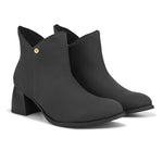Black ankle boots for women with a block heel and a sleek gold accent, perfect for adding a touch of elegance to any outfit.