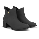 Black ankle boots for women with a block heel and a sleek gold accent, perfect for adding a touch of elegance to any outfit.